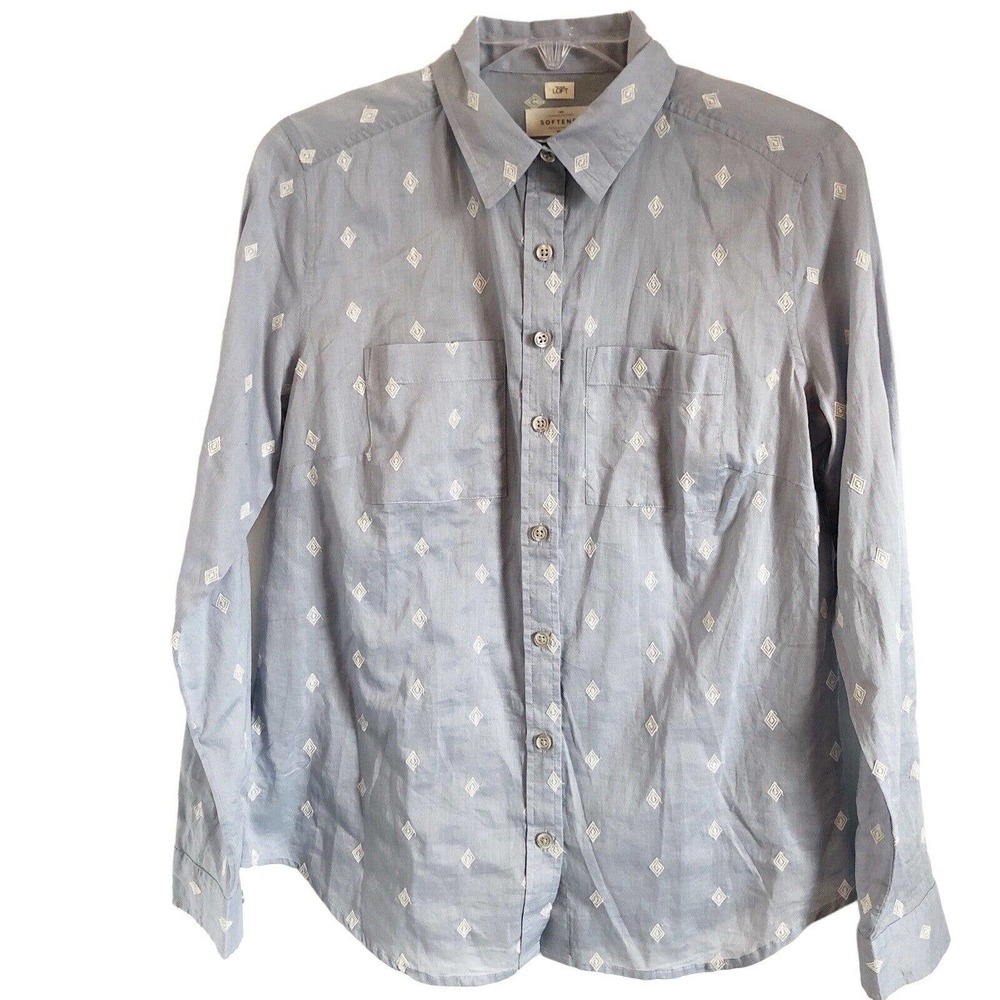 Ann Taylor Loft NWT The Softened Thin Lightweight Blue Diamond Pattern Blouse S - Picture 1 of 11